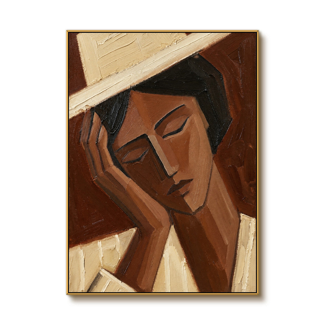 Cubist woman portrait wall art in sienna brown cream and beige on a clean white background