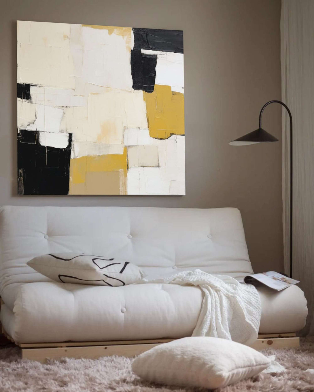 Large Minimalist Black and Yellow Abstract Wall Art - Handmade Canvas Painting for Living Room or Office - Shape - Hues Art Lab