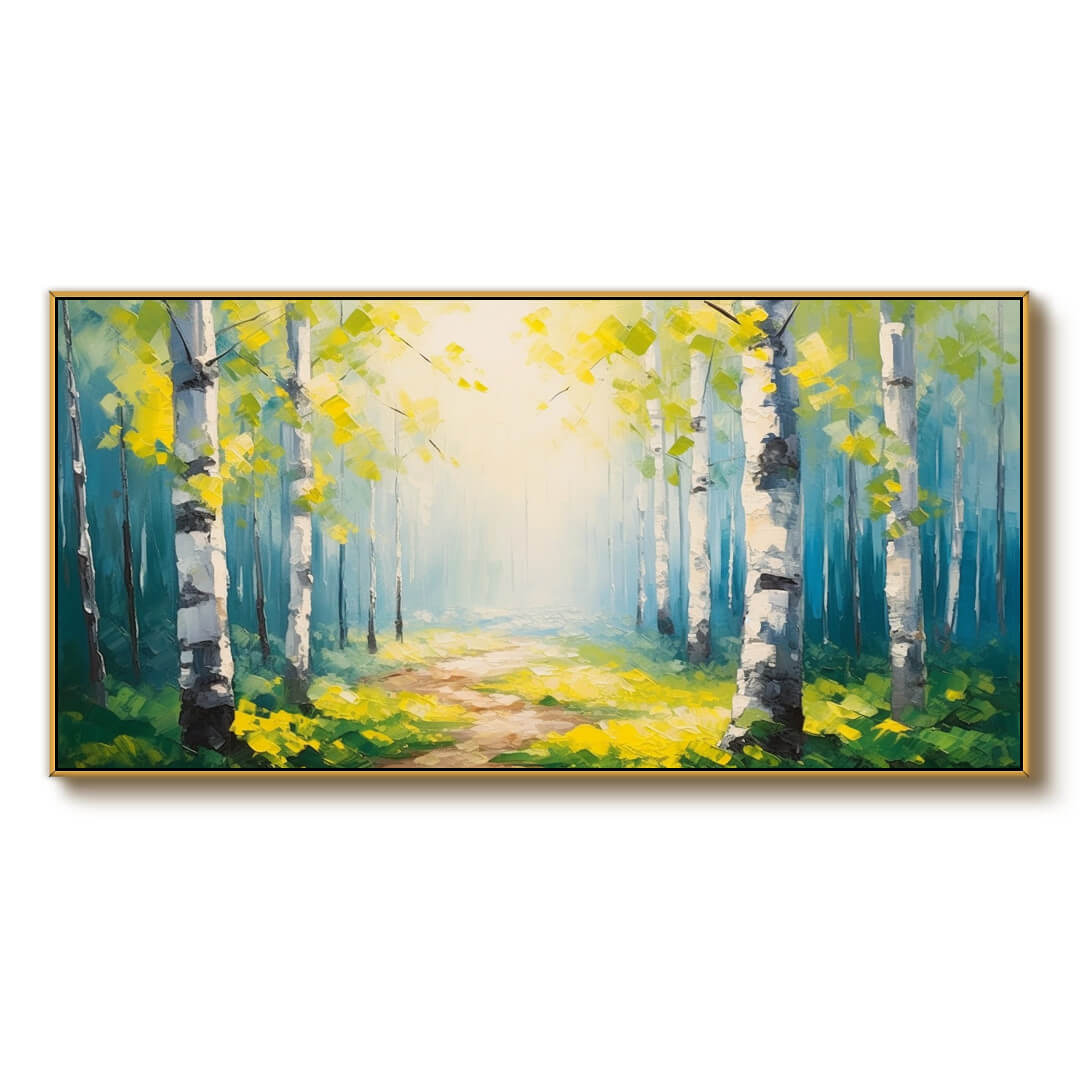 Bright Birch Forest Painting - Serene Landscape Canvas Art - Shine A Light - Hues Art Lab