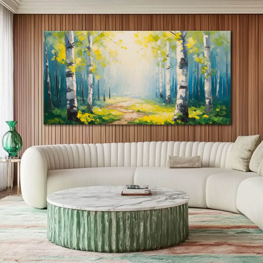 Bright Birch Forest Painting - Serene Landscape Canvas Art - Shine A Light - Hues Art Lab