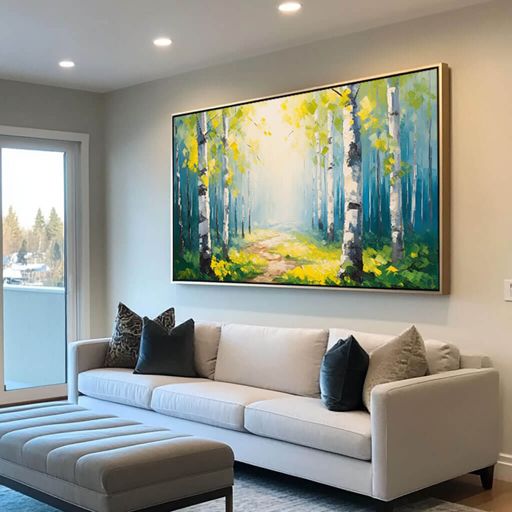 Bright Birch Forest Painting - Serene Landscape Canvas Art - Shine A Light - Hues Art Lab