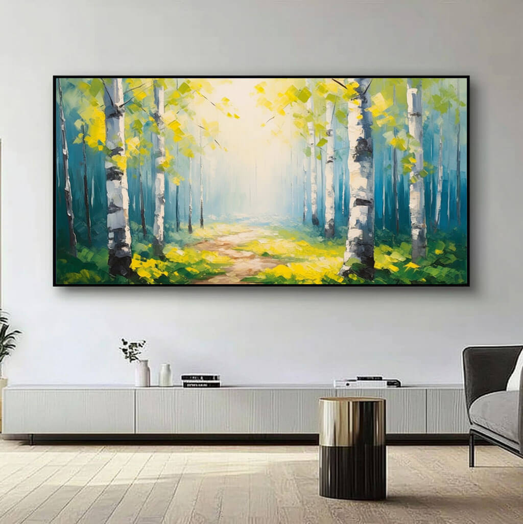 Bright Birch Forest Painting - Serene Landscape Canvas Art - Shine A Light - Hues Art Lab