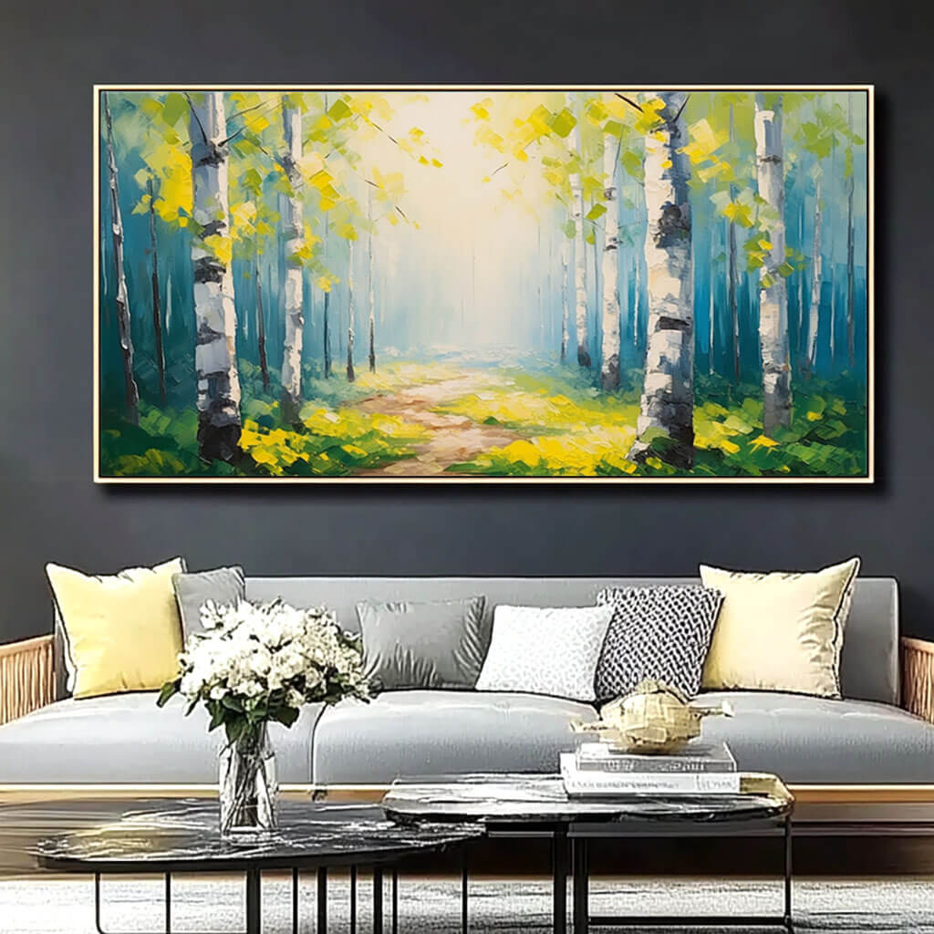 Bright Birch Forest Painting - Serene Landscape Canvas Art - Shine A Light - Hues Art Lab