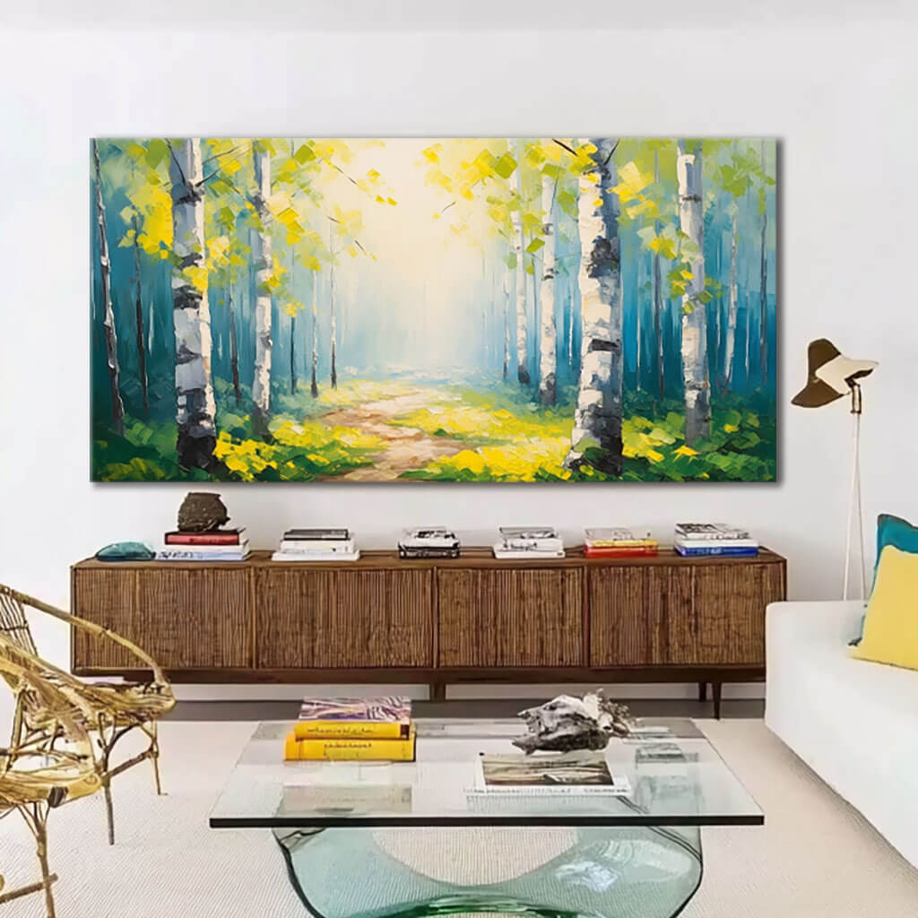 Bright Birch Forest Painting - Serene Landscape Canvas Art - Shine A Light - Hues Art Lab