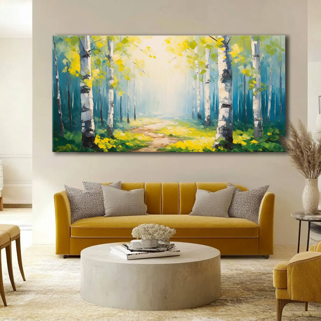 Bright Birch Forest Painting - Serene Landscape Canvas Art - Shine A Light - Hues Art Lab