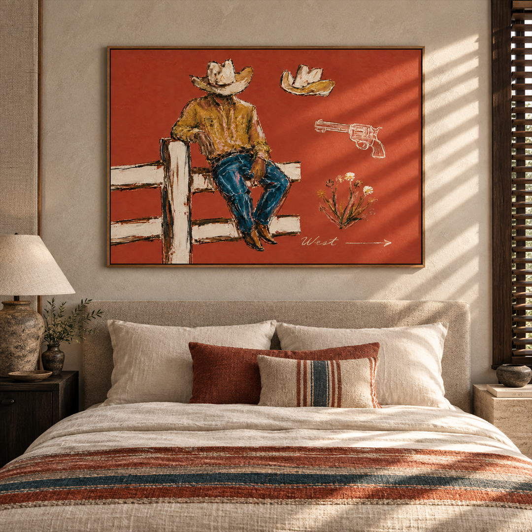textured Western cowboy wall art in coral ochre and blue in a coordinated modern interior