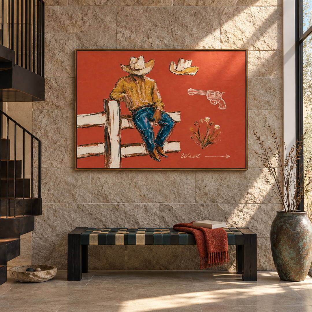 textured Western cowboy wall art in coral ochre and blue in a coordinated modern interior
