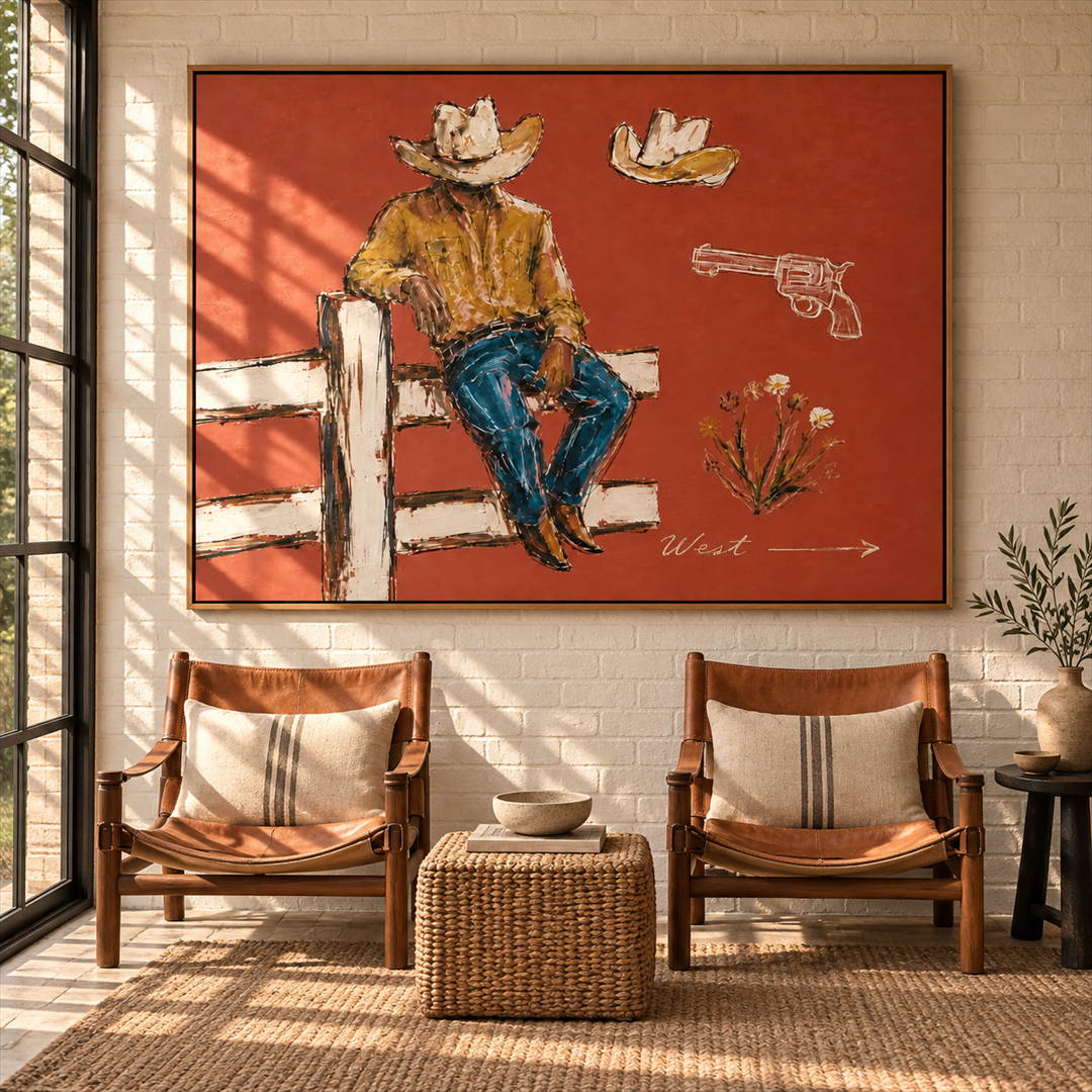textured Western cowboy wall art in coral ochre and blue in a coordinated modern interior