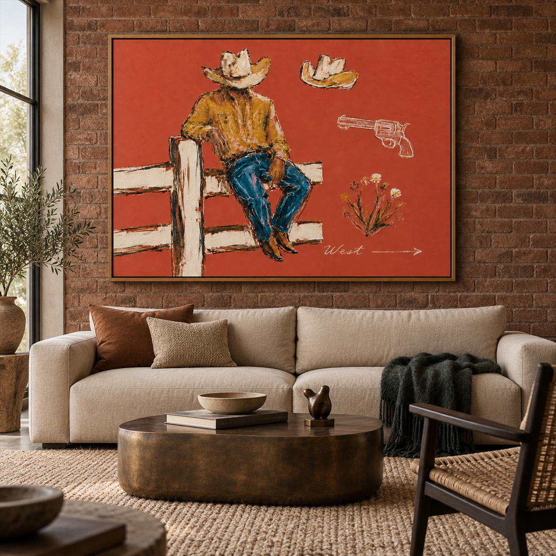 textured Western cowboy wall art in coral ochre and blue displayed in a styled living room