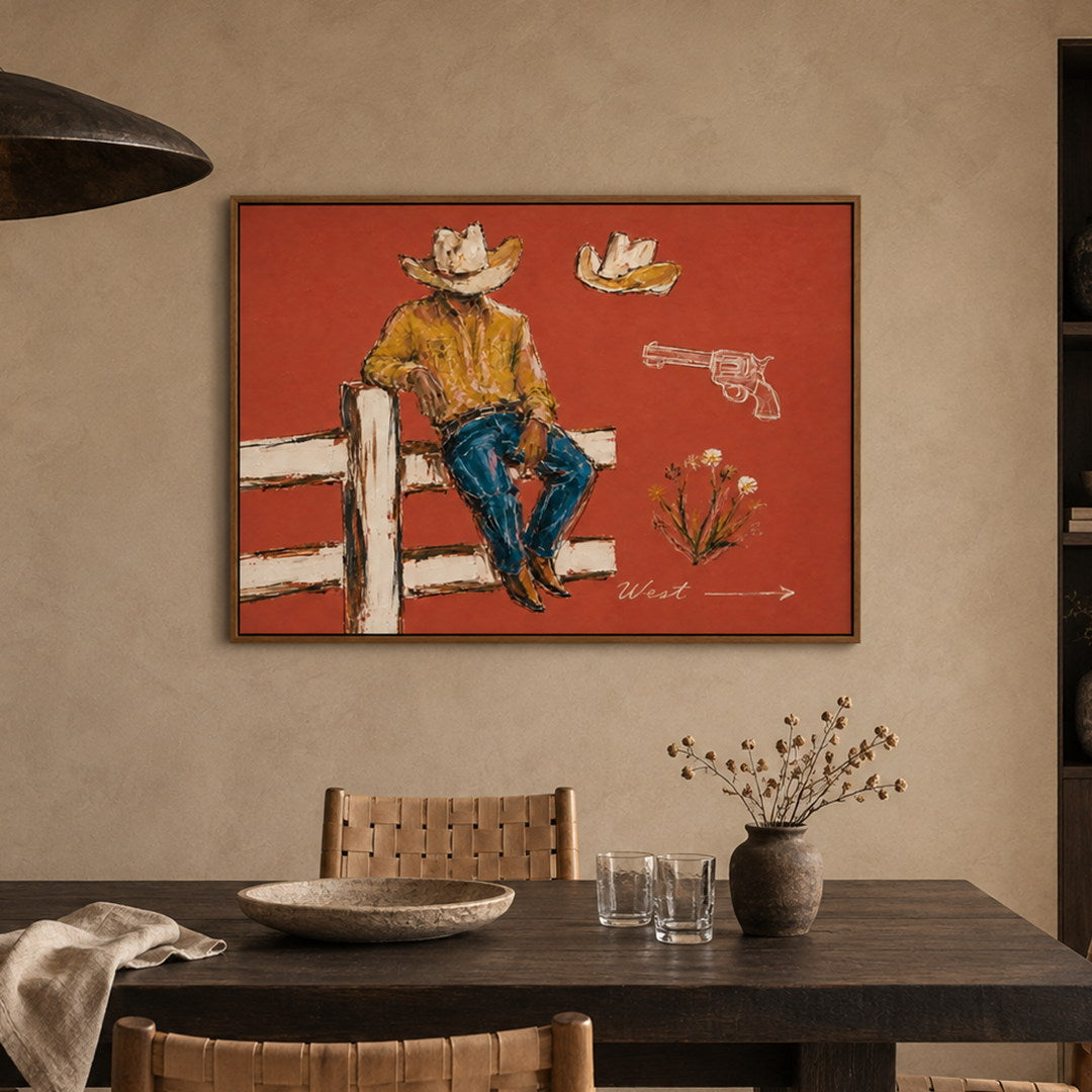 textured Western cowboy wall art in coral ochre and blue in a coordinated modern interior