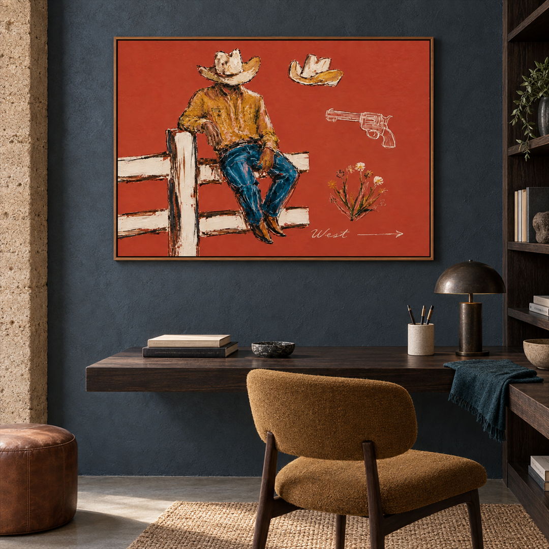 textured Western cowboy wall art in coral ochre and blue in a coordinated modern interior