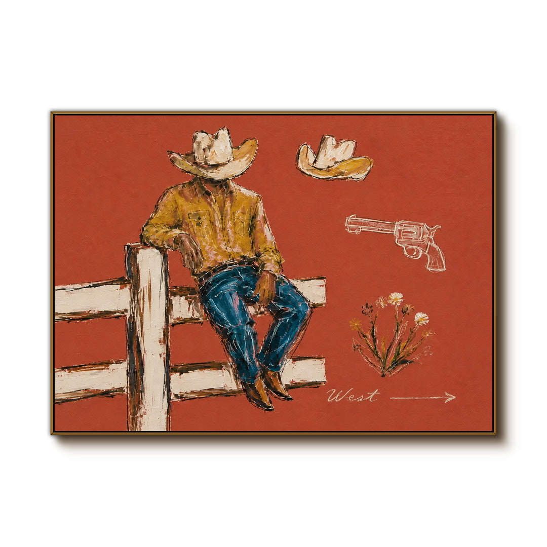 textured Western cowboy wall art in coral ochre and blue on a clean white background