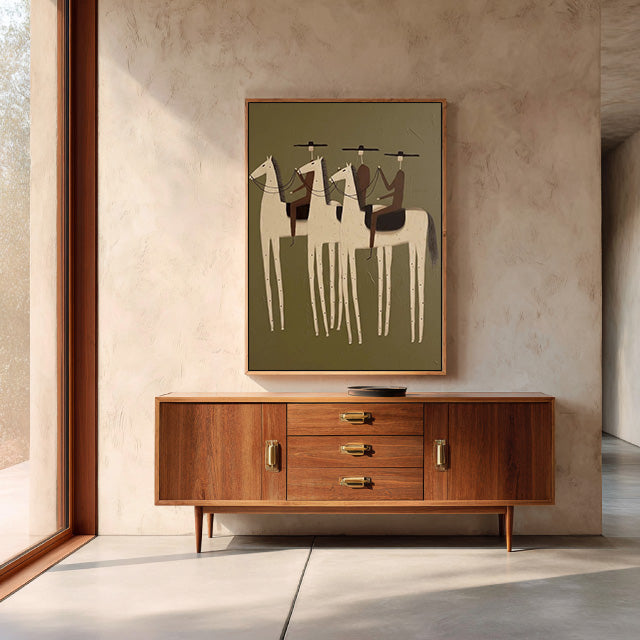 minimalist Western horse rider wall art in a coordinated modern interior