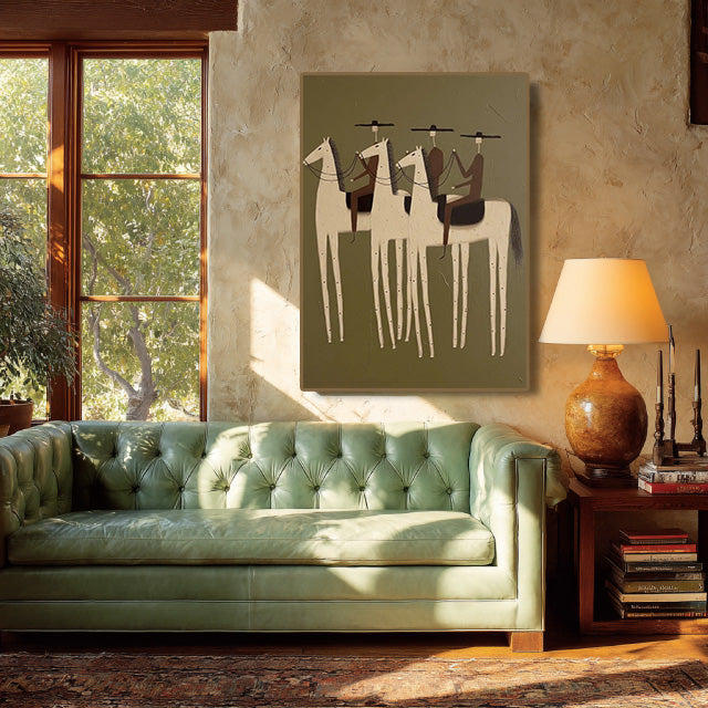 minimalist Western horse rider wall art in a coordinated modern interior