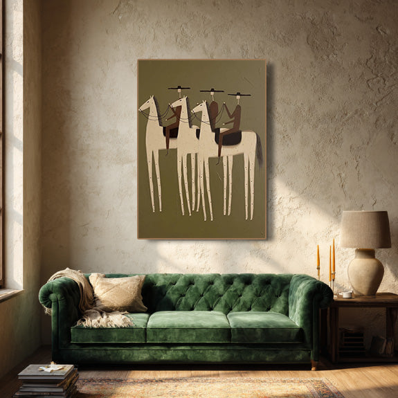 minimalist Western horse rider wall art in a coordinated modern interior