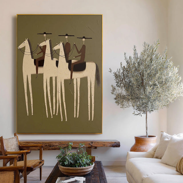 minimalist Western horse rider wall art in a coordinated modern interior