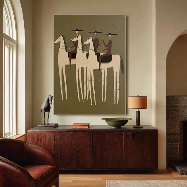 minimalist Western horse rider wall art displayed in a styled living room