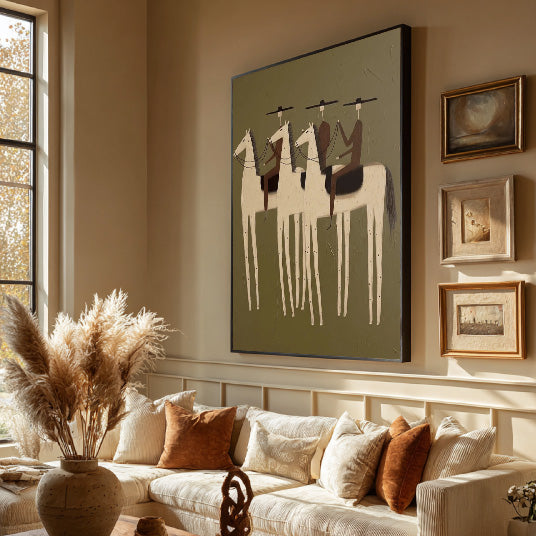 minimalist Western horse rider wall art in a coordinated modern interior