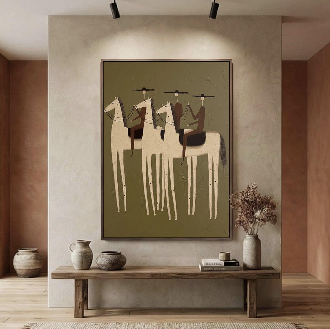 minimalist Western horse rider wall art in a coordinated modern interior