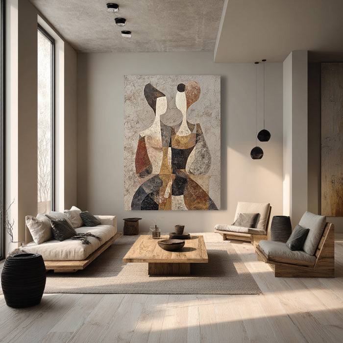 Silent Companions modern oil painting with paired figures and muted geometry