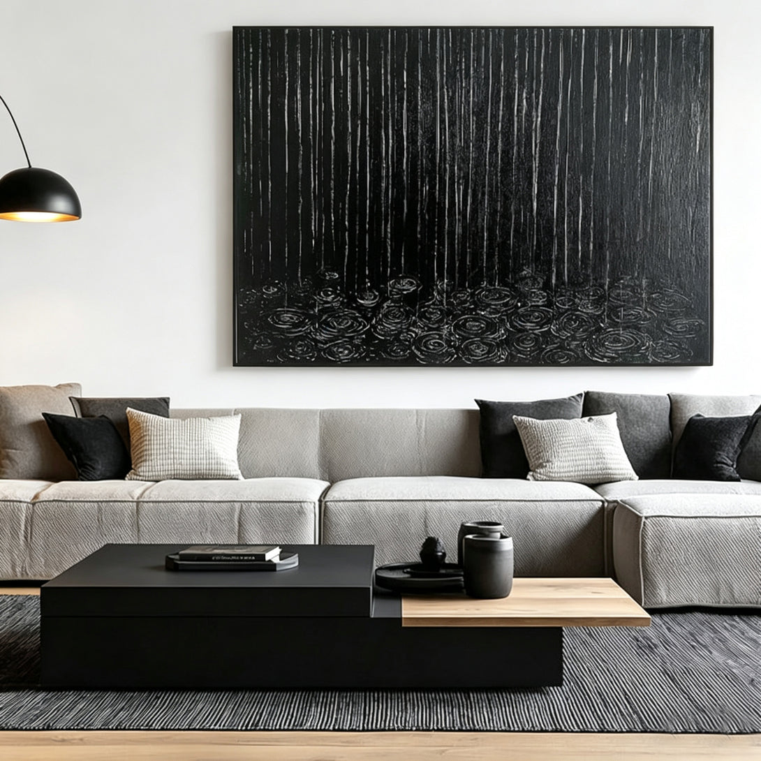 Silent Rain I modern minimalist black rain abstract wall art with textured grooves