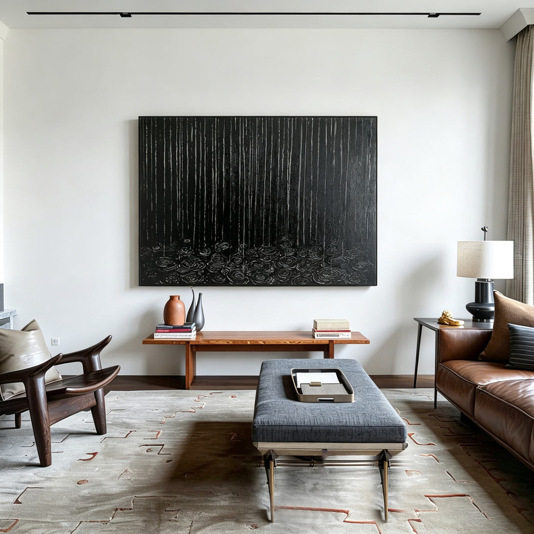 Silent Rain I dark monochrome abstract canvas painting in wabi sabi style