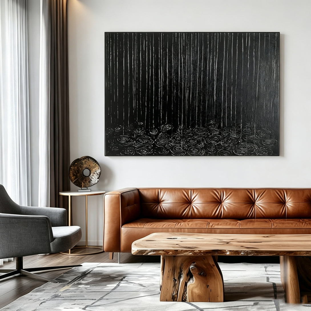 Silent Rain I black textured wall art inspired by rain ripples and vertical lines