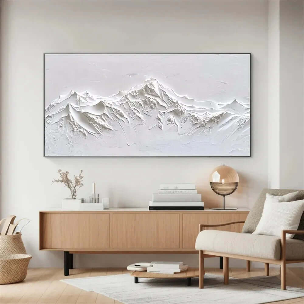 Minimalist White Mountain Wall Art - Handcrafted 3D Textured Abstract Canvas Painting for Modern Interiors - Silent White Ridges - Hues Art Lab