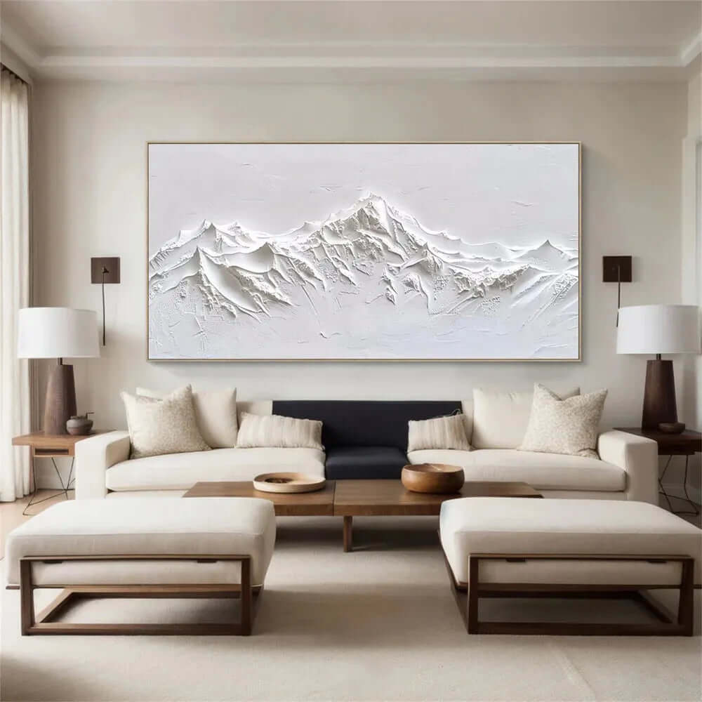 Minimalist White Mountain Wall Art - Handcrafted 3D Textured Abstract Canvas Painting for Modern Interiors - Silent White Ridges - Hues Art Lab