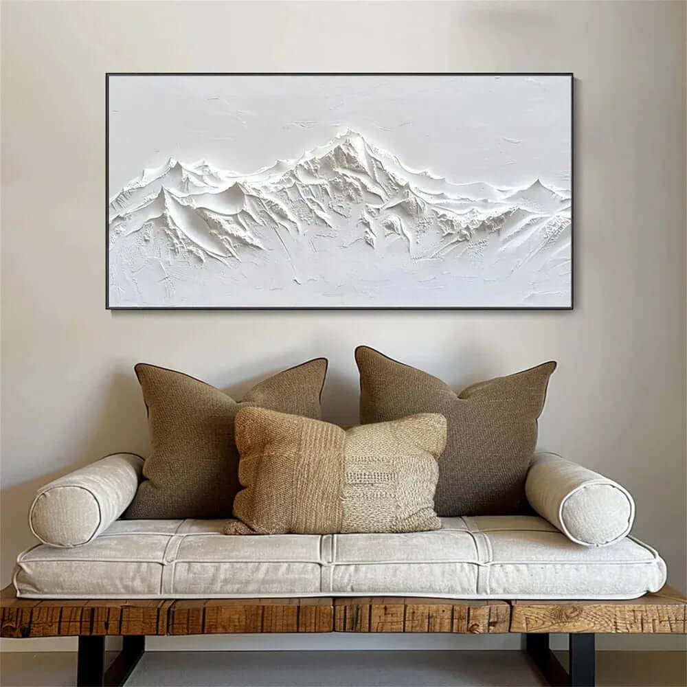 Minimalist White Mountain Wall Art - Handcrafted 3D Textured Abstract Canvas Painting for Modern Interiors - Silent White Ridges - Hues Art Lab