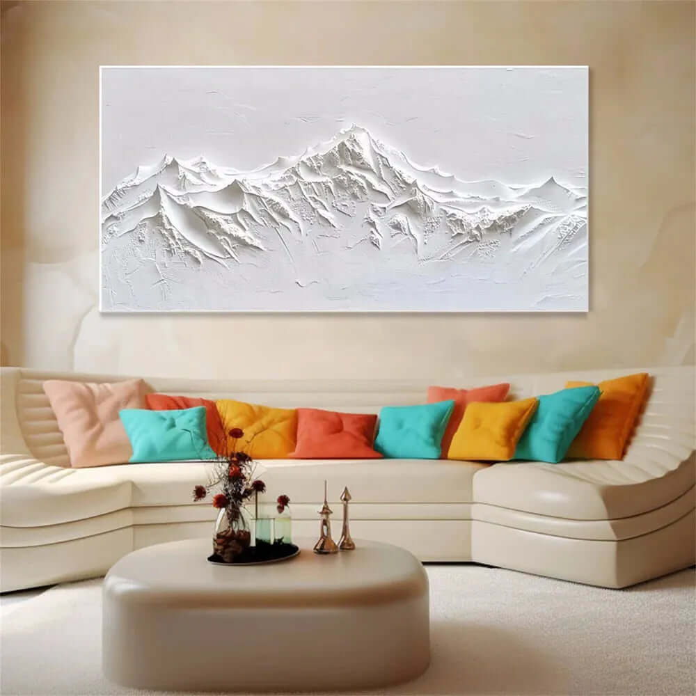 Minimalist White Mountain Wall Art - Handcrafted 3D Textured Abstract Canvas Painting for Modern Interiors - Silent White Ridges - Hues Art Lab