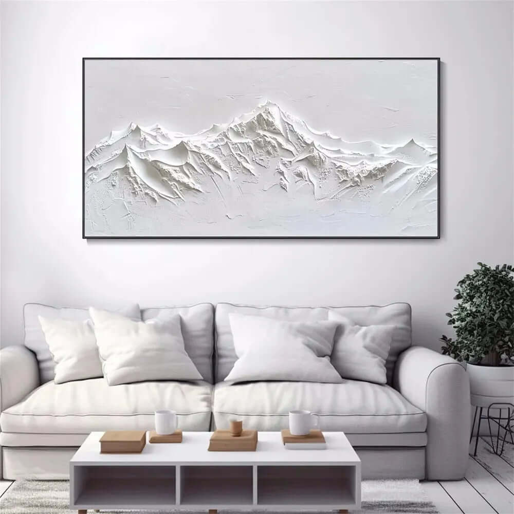 Minimalist White Mountain Wall Art - Handcrafted 3D Textured Abstract Canvas Painting for Modern Interiors - Silent White Ridges - Hues Art Lab