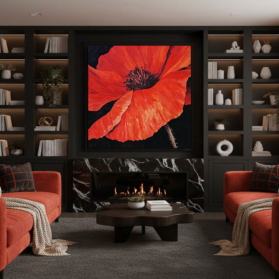 Skirt of Flame framed floral canvas print styled in a bold modern room