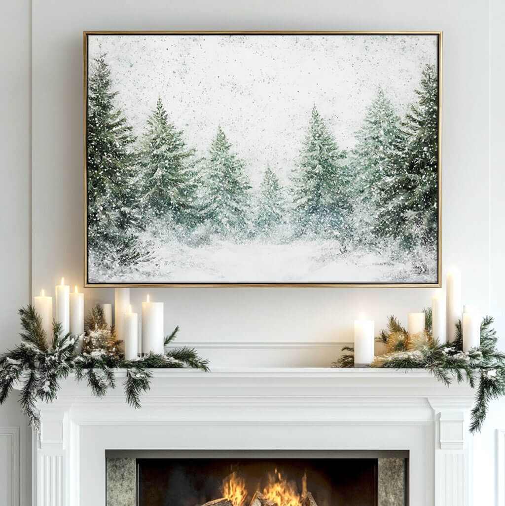 Large Green and White Wall Art - Snow Covered Pine Trees - Hues Art Lab