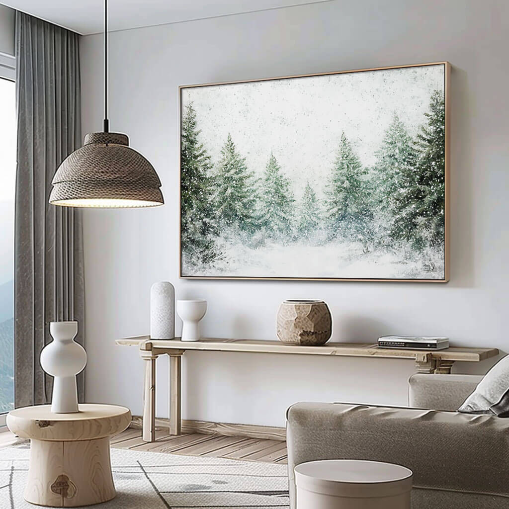 Large Green and White Wall Art - Snow Covered Pine Trees - Hues Art Lab