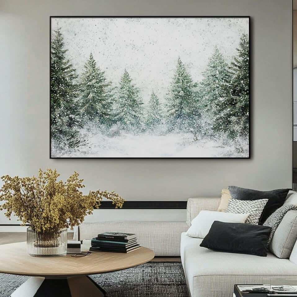 Large Green and White Wall Art - Snow Covered Pine Trees - Hues Art Lab