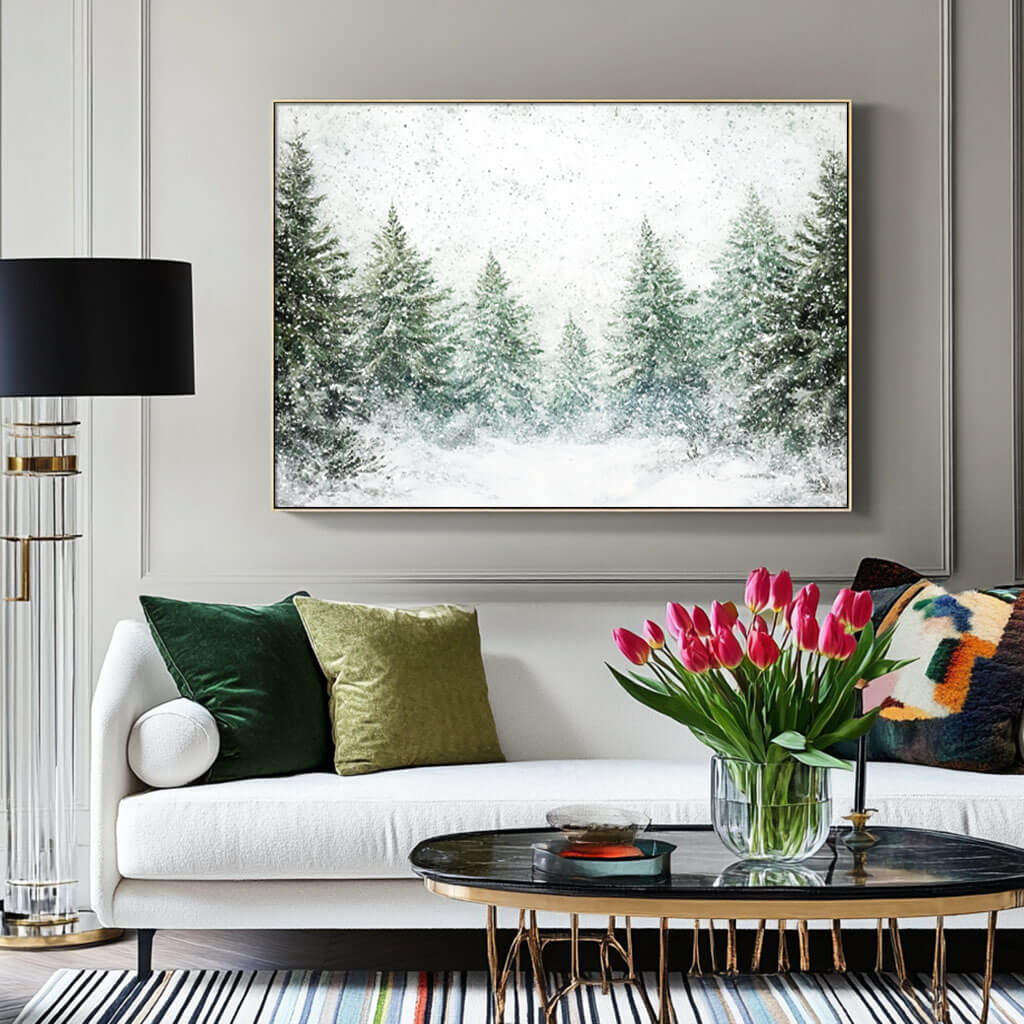 Large Green and White Wall Art - Snow Covered Pine Trees - Hues Art Lab