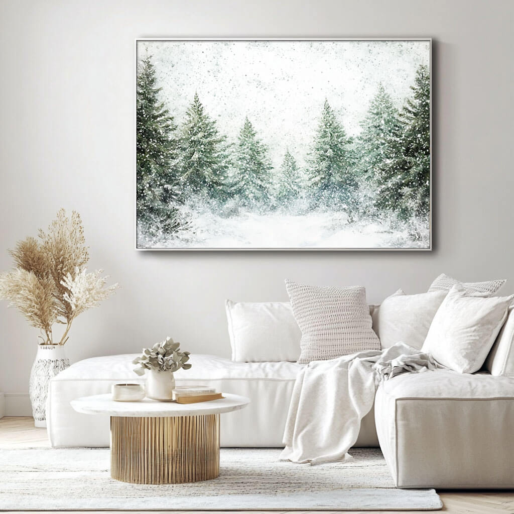 Large Green and White Wall Art - Snow Covered Pine Trees - Hues Art Lab