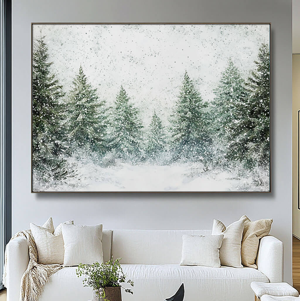 Large Green and White Wall Art - Snow Covered Pine Trees - Hues Art Lab