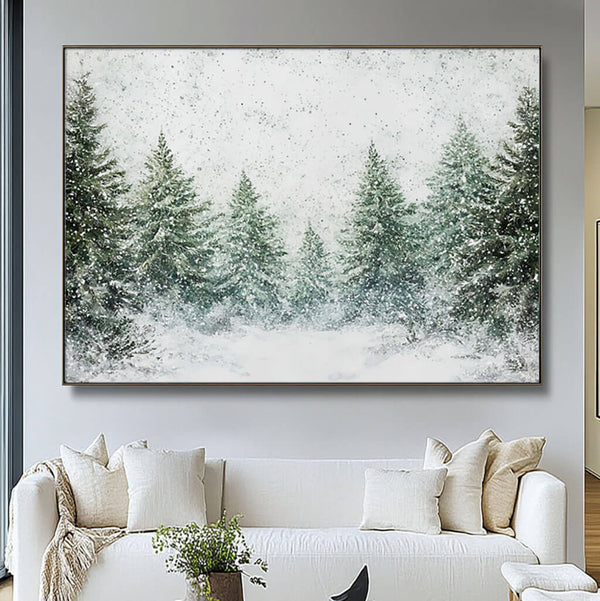 Large Green and White Wall Art - Snow Covered Pine Trees - Hues Art Lab
