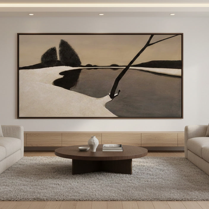 Solitude in Monochrome wabi sabi geometric abstract lake wall art by Hues Art Lab