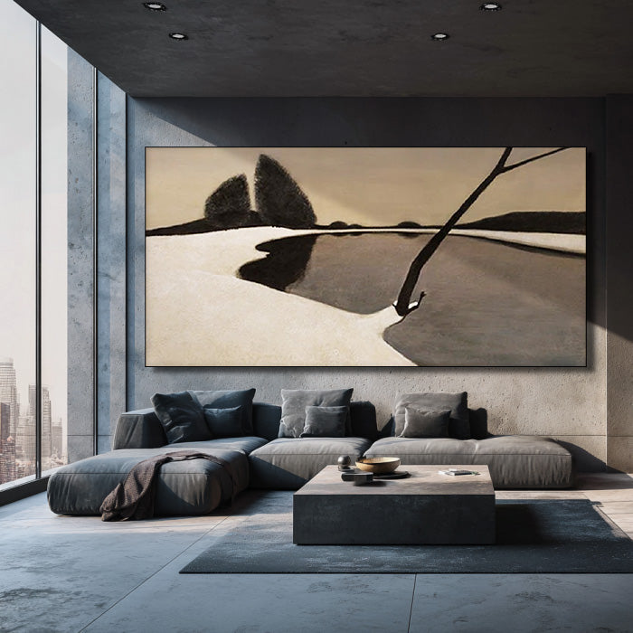 Solitude in Monochrome framed abstract lake canvas print in a modern room