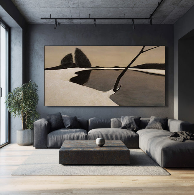 Solitude in Monochrome modern wabi sabi painting with still lake geometry