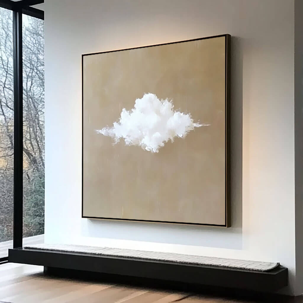 Minimalist Cloud Painting - Tranquil Beige Canvas Art for Zen Spaces - Solitude - Hues Art Lab