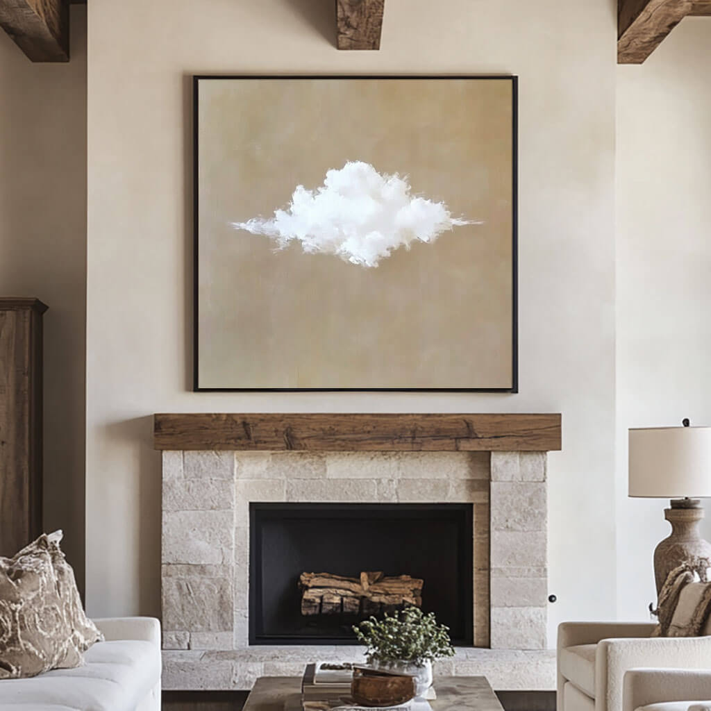 Minimalist Cloud Painting - Tranquil Beige Canvas Art for Zen Spaces - Solitude - Hues Art Lab