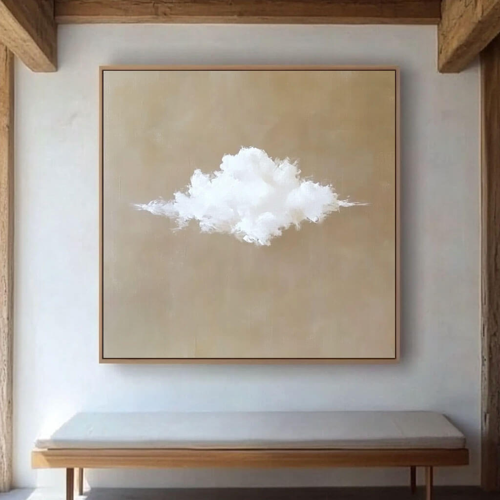 Minimalist Cloud Painting - Tranquil Beige Canvas Art for Zen Spaces - Solitude - Hues Art Lab