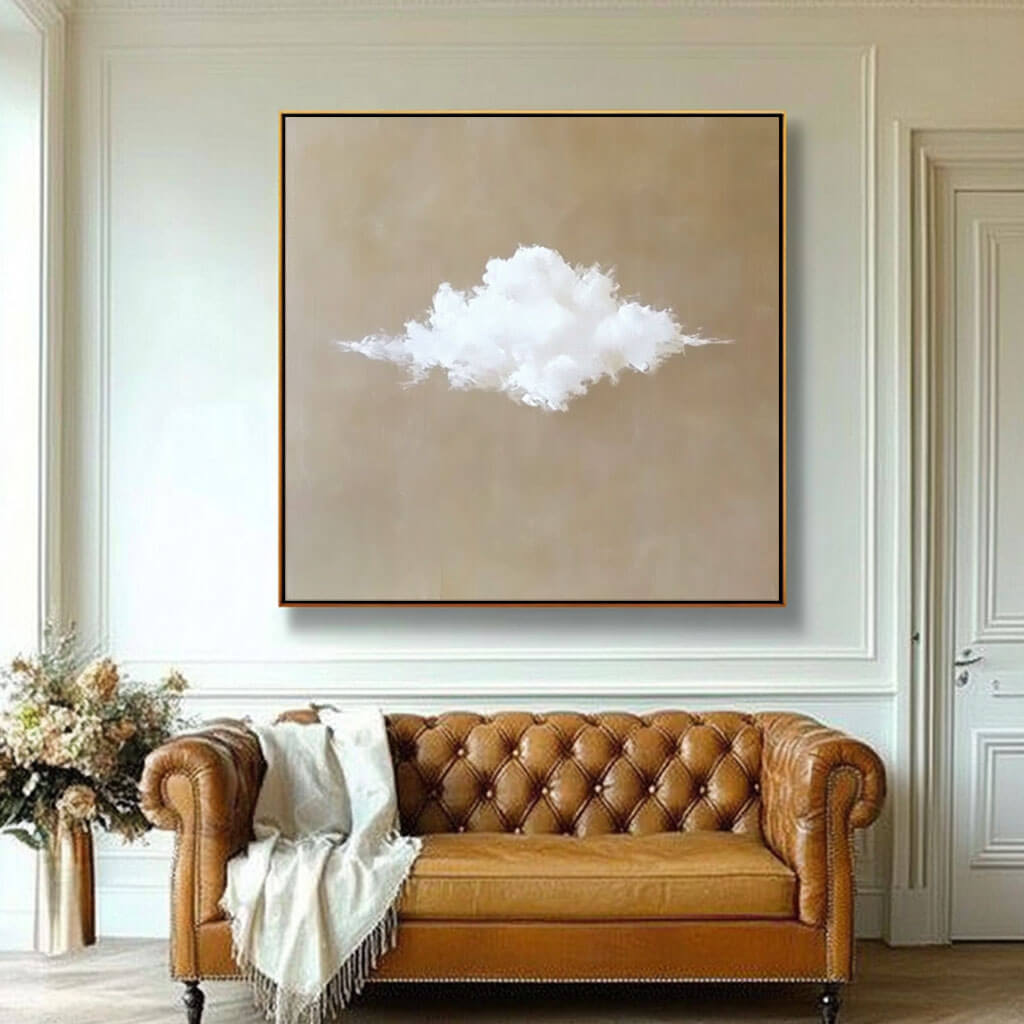 Minimalist Cloud Painting - Tranquil Beige Canvas Art for Zen Spaces - Solitude - Hues Art Lab