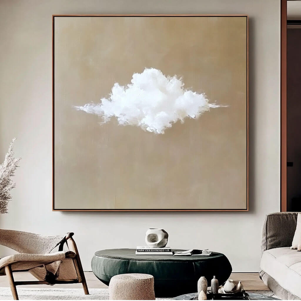 Minimalist Cloud Painting - Tranquil Beige Canvas Art for Zen Spaces - Solitude - Hues Art Lab