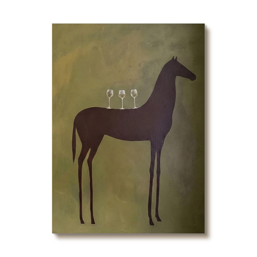 Minimalist horse and wine wall art with abstract green tones - Sommelier - Hues Art Lab
