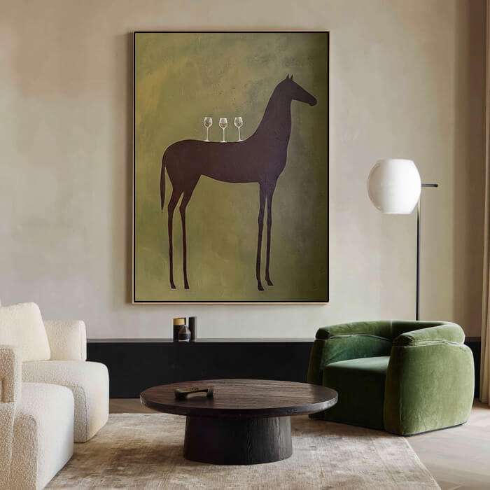 Minimalist horse and wine wall art with abstract green tones - Sommelier - Hues Art Lab